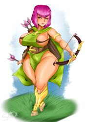 1girls 2021 alternate_breast_size archer_(clash_of_clans) archer_(clash_royale) areola_slip arrow_(projectile) bedroom_eyes big_breasts blush blushing bow breasts_bigger_than_head clash_(series) clash_of_clans clash_royale feet full_body gold huge_ass huge_breasts lips looking_at_viewer pink_hair shiny shiny_skin short_hair sideboob skd smile thick_thighs