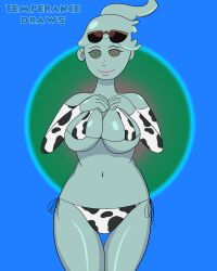 bikini bikini_bottom bikini_top breasts cow_print cow_print_bikini female female_only ghost ghost_girl hands_on_breasts hypnosis mind_control monster_prom pinup polly_geist short_hair smile smiling smiling_at_viewer string_bikini temperancedraws thigh_gap thighs