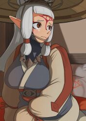 artist_request breasts brown_eyes forehead_mark forehead_tattoo large_breasts paya_(the_legend_of_zelda) pointy_ears sheikah tagme tattoo tears_of_the_kingdom the_legend_of_zelda white_hair