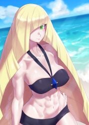 1girls alternate_version_available beach big_breasts bikini bikini_bottom bikini_top black_bikini blonde_hair bottomwear breasts cleavage female female_only game_freak green_eyes hair hair_over_one_eye hand_on_hip long_hair lusamine_(pokemon) mature mature_female mature_woman milf mizuumi_(bb) mother pokemon pokemon_sm smile solo solo_female topwear