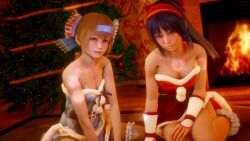 2girls 3d bra breasts brown_eyes brown_hair christmas_clothing christmas_outfit cleavage female female_only hair_ribbon long_hair looking_at_viewer medium_breasts multiple_girls nakoruru purple_hair rimururu samurai_shodown short_hair sisters small_breasts smile snk