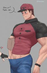 big_pecs blush blushing brown_hair cap courier_(pokemon) delivery_boy dialogue_bubble fully_clothed khanosera male male_only muscular_arms offscreen_character offscreen_male package pokemon pokemon_sv pubic_hair pulling_pants tagme text text_bubble tight_clothing tight_shirt