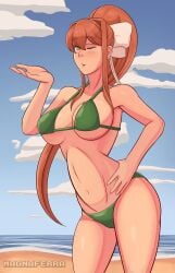 1girls alternate_version_available big_breasts bikini blowing_kiss blush blush_lines breasts brown_hair color doki_doki_literature_club female female_only hair_ribbon hand_on_hip long_hair looking_at_viewer magna_ferra mole mole_on_breast monika_(doki_doki_literature_club) one_eye_closed solo solo_female swimsuit white_ribbon wink