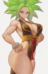 1girls breasts capcom chun-li_(cosplay) cutesexyrobutts_(style) dragon_ball dragon_ball_super female female_saiyan fit fit_female fusion green_eyes green_hair hips huge_breasts kafla kefla lesottart light-skinned_female light_skin no_underwear saiyan solo spiky_hair street_fighter super_saiyan thick_thighs thighs wide_hips