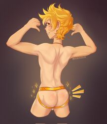 1boy abs ass ass_focus bandaid blonde_hair exposed exposed_ass gay hair jey jock_studio jockstrap jockstrap_only jockstudio(blits_games)leo_mendez looking_at_viewer male male_focus male_only male_underwear presenting_hindquarters sadisticgrape short_hair simple_background solo viewed_from_behind yaoi