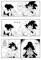 1boy 1girls abs annoyed annoyed_expression black_and_white breasts chichi comic dragon_ball dragon_ball_super dragon_ball_z earrings english_text funsexydragonball monochrome muscular_male nipples page_12 sharp_fingernails son_goku