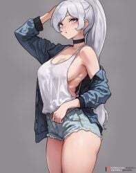 1girls blue_eyes bluefield booty_shorts breasts casual_clothes female large_breasts light-skinned_female light_skin long_hair medium_breasts nipples rwby short_shorts shorts tank_top thighs weiss_schnee white_hair