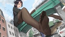 black_pantyhose bridge cars city clothed_female destruction feet_in_stockings giant giant_feet giantess high_heels kkasi00 larger_female macro office_lady office_uniform pantyhose pencil_skirt purple_hair size_difference skirt thighband_pantyhose train yuu_bit-na_(kindaichi109)