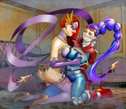 2girls bondage demon demon_girl evelynn eyewear_on_head female_only femdom high_heels kneeling latex latex_suit league_of_legends legacy_series lezdom long_hair mask masquerade_evelynn multiple_girls pinch pinching_nipples ponytail purple_hair red_hair sunglasses sunglasses_on_head vaybu vayne villain villainess