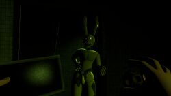 3d 3d_(artwork) anthro balls black_eyes bunny bunny_ears duo ears_up five_nights_at_freddy's five_nights_at_freddy's_3 four_fingers green_balls green_penis green_skin male_only nude penis scottgames sfmbob source_filmmaker springtrap springtrap_(fnaf) tablet tile_wall wire