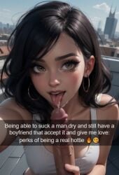 ai_generated assertive_female blowjob brown_eyes brown_hair caption cheating cheating_female cheating_girlfriend confident cuck cuckold cum cum_swallow eye_contact fellatio licking_penis looking_at_viewer netorare ntr oral original original_character petite pov snapchat social_media stable_diffusion status swallowing_cum taliredmint text uncensored