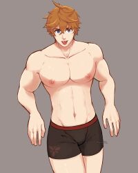 above_view athletic_body blue_eyes cherry_stem childe_(genshin_impact) genshin_impact ginger_hair jonigiri looking_at_viewer male male_only small_bulge solo tartaglia_(genshin_impact) tongue_out underwear_only