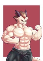 abs biceps d.angelo dragon horns male male_only muscles muscular muscular_anthro muscular_arms muscular_male pants pecs yellow_eyes