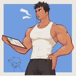 1boy big_pecs black_trousers blowing_whistle brown_skin brown_skinned_male clipboard dark_hair gay haikyuu!! hand_on_hip holding_clipboard iwaizumi_hajime jonigiri male male_only muscular_arms muscular_male oikawa_tooru_(haikyuu!!) pectoral_bulge tank_top trousers whistle whistle_around_neck whistle_in_mouth white_tank_top