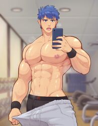 1boy big_muscles big_pecs big_thighs black_hair black_hair_bottom blue_hair blue_hair_on_black_hair blue_hair_top bulge bulge_through_clothing domination fire_emblem fire_emblem:_path_of_radiance fire_emblem:_radiant_dawn gay green_eyes gym ike_(fire_emblem) instagram jonigiri light_hair_on_dark_hair male male_only mirror_selfie muscular_arms muscular_male solo steaming_body sweat sweating sweatpants sweaty_body underwear