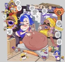 2girls belch belching belly_expansion big_belly big_round_belly burp burping dark-skinned_female dark_skin dr-worm female female_only frye_(splatoon) full_belly inkling inkling_girl lewdlemage new_agent_3_(splatoon) nonconsensual octoling post_vore round_belly saliva saliva_string shiver_(splatoon) slapping_belly speech_bubble splatoon splatoon_(series) splatoon_3 stomach_bulge stuffed stuffed_belly talking tongue_out vore vore_belly