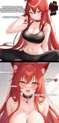 1girls 2koma ai_generated big_breasts blush breasts cat_ears cat_tail crimson_hair cum cum_in_mouth cute english_text female instant_loss_2koma moni_yoshikage orange_eyes red_hair reference_image roblox roblox_avatar robloxian source_request sports_bra tagme text yoga_pants