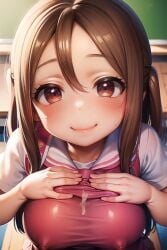 1girls ai_generated alternate_breast_size big_breasts breasts brown_eyes brown_hair eyes female female_focus female_only foopanthia hand_on_breast hands huge_breasts karakai_jouzu_no_takagi-san looking_at_viewer nipples pov school_uniform smile takagi-san teasing teasing_viewer