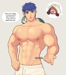 abs bara_tiddies bara_tits big_arms big_pecs blue_eyes blue_hair blush fire_emblem fire_emblem:_path_of_radiance fire_emblem:_radiant_dawn fire_emblem_heroes green_headband ike_(fire_emblem) jonigiri kiran_(fire_emblem) looking_at_viewer male male_nipples male_only muscular_arms muscular_male pov sweat sweating talking_to_viewer text text_bubble underwear veins veiny_arms white_underwear