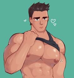 3_hearts bara_tiddies bara_tits big_pecs black_tank_top blush cute_face dark_hair gay green_eyes heart hearts jonigiri little_mac male male_only muscular_arms muscular_male puppy_eyes raising_shirt solo tank_top tank_top_lift