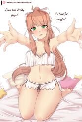 ! 1girls belly belly_button blush bowtie clothed clothing doki_doki_literature_club eyebrows eyebrows_visible_through_hair eyelashes eyes female female_only hair looking_at_viewer monika_(doki_doki_literature_club) outstretched_arms raionart skirt text url wholesome