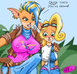 1futa 1girls anthro anthro_only belt belts big_breasts blue_and_yellow blue_hair blue_jeans blushing blushing_at_partner blushing_profusely brown_belt clothed_female clothed_female_clothed_futanari clothed_futanari coco_bandicoot confident_smile crash_(series) crash_bandicoot_4:_it's_about_time erection fat_breasts female fur furry futanari gloves goggles goggles_on_forehead goggles_on_head grass grassy_background grassy_field green_eyes hand_on_hip hand_on_shoulder henpie huge_breasts huge_cock huge_tits_teen imminent_rape imminent_sex jacket leaking_precum nervous nervous_expression nervous_face nervous_sweat nipples_visible_through_clothing overalls pierced_ear pink_background pink_belt pink_lips pink_shirt pointy_ears poofy_hair scarf shoulder_spikes spiky_hair stained_clothes tawna_bandicoot tawna_bandicoot_(crash_4) whip white_shirt wide_hips yellow_hair