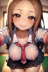 1girls ai_generated alternate_breast_size big_breasts breasts brown_eyes brown_hair eyes female female_focus female_only foopanthia huge_breasts karakai_jouzu_no_takagi-san looking_at_viewer nipples pov school_uniform smile takagi-san teasing teasing_viewer thick_thighs thighs