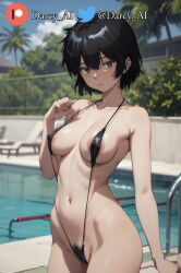 4k absurd_res ai_generated big_areola black_eyes black_hair cameltoe detailed_background hairy_pussy micro_bikini nazo_no_kanojo_x pool pubic_hair short_hair skinny small_breasts small_hips urabe_mikoto