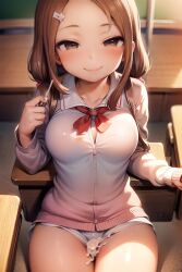 1girls ai_generated alternate_breast_size big_breasts breasts brown_eyes brown_hair eyes female female_focus female_only foopanthia huge_breasts karakai_jouzu_no_takagi-san looking_at_viewer pov school_uniform sitting smile takagi-san teasing teasing_viewer thick_thighs thighs