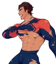 1boy abs bara_tiddies bara_tits big_pecs brown_hair bulge fangs flaccid gay hero_suit jonigiri male male_nipples male_only miguel_o'hara ripped_clothing ripping_clothing solo spider-man:_across_the_spider-verse spider-man_2099 tiny_waist underpec