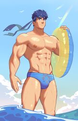 1boy abs bara bara_tiddies bara_tits beach big_pecs blue_eyes blue_hair blue_sky blue_speedo bulge fire_emblem fire_emblem:_path_of_radiance fire_emblem:_radiant_dawn floater floatie gay human human_only ike_(fire_emblem) jonigiri looking_at_viewer male male_focus male_nipples male_only muscles muscular muscular_arms muscular_male nipples ocean pecs pectorals solo solo_focus solo_male speedo speedo_only standing standing_in_water swim_briefs tight_clothing tight_speedo tight_underwear v-line veins veiny_arms veiny_muscles water wet wet_body wet_skin