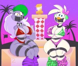 angry angry_expression bikini bondage five_nights_at_freddy's five_nights_at_freddy's:_security_breach glamrock_chica_(fnaf) happy roxanne_wolf_(fnaf) tape_gag tempson trophy