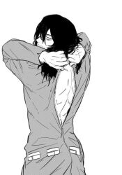 aizawa_shouta arched_back artist_request black_hair boku_no_hero_academia eraserhead grayscale irritated jumpsuit long_haired_male looking_at_viewer looking_back male male_only my_hero_academia shouta_aizawa small_waist zipper_down