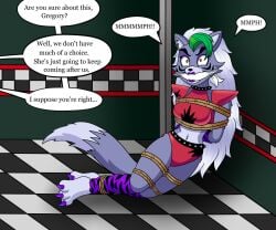 3_toes angry anthro bondage cleave_gag english_text five_nights_at_freddy's five_nights_at_freddy's:_security_breach fullmetalpanicattack kidnapped on_floor rope rope_tie roxanne_wolf_(fnaf) solo text tied_up wolf