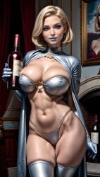 ai_generated big_breasts blonde_hair blue_eyes blue_lipstick breasts cameltoe emma_frost female_focus female_only large_breasts marvel marvel_comics miriamgarrity navel panties small_panties solo solo_female solo_focus thick_thighs thighhighs white_queen wine wine_bottle x-men