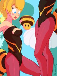 1girls alternate_costume bee bee_costume bent_knee black_leotard blonde_hair blue_eyes boob_window breasts cleavage clothed clothing cowboy_shot female kasanoki leggings legs leotard lipstick mario_(series) medium_breasts multiple_views mushroom pink_legwear pixiv ponytail power_up princess_peach small_breasts super_mario_galaxy surprised thighs tied_hair tight_clothing wings