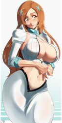 1girls bleach bleach:_the_thousand-year_blood_war breasts castell cleavage female hi_res hips huge_breasts inoue_orihime light-skinned_female light_skin long_hair naughty_face orange_hair simple_background thick_thighs thighs wide_hips