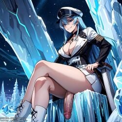 1futa ai_generated akame_ga_kill! big_breasts big_penis blue_eyes blue_hair boots cleavage dickgirl erect_penis erection esdeath_(akame_ga_kill!) futa_only futa_sans_pussy futanari huge_breasts huge_cock knee_boots kneehighs long_boots long_hair military military_hat military_uniform penis puffyart sitting smirk solo thick_penis thick_thighs thighs