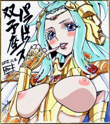 1girls 2012 armor big_breasts breasts edit female female_focus flushed_face gemini_paradox gold_saints human japanese_text large_breasts large_hair light_blue_hair mask neutral_mask nipples pale-skinned_female pale_skin ponchocop saint_seiya saint_seiya_omega smile