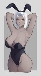 armpits arms_up breasts bunny_ears bunny_girl bunny_suit calamitas calamity_mod dark-skinned_female dark_skin digital_drawing_(artwork) expressionless hands_behind_head horns large_breasts looking_at_viewer nyxaquarious orange_eyes playboy_bunny simple_background terraria video_games white_hair