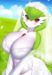 1girls big_breasts blush bob_cut cleavage closed_mouth cloud day detached_sleeves dress flower gardevoir grass green_hair hair_between_eyes hair_flower hair_ornament huge_breasts jewelry kaedeno_yuu looking_at_viewer necklace outdoors pokemon pokemon_(species) red_eyes short_hair smile veil wedding_dress white_body white_dress white_skin wide_hips