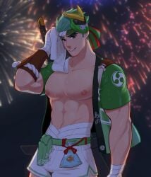 abs big_pecs blush blushing booty_shorts fireworks genji green_hair hachimaki hand_wraps happi happi_genji jonigiri looking_at_viewer male male_nipples male_only muscular_male overwatch overwatch_2 overwatch_league pov solo sweat sweating wiping_sweat