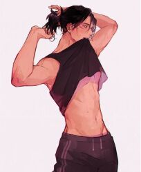 abs aizawa_shouta artist_request blush boku_no_hero_academia eraserhead lifting_shirt male male_only my_hero_academia plain_background shirt_in_mouth shouta_aizawa six_pack small_waist sweatpants tying_hair