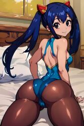 1girls ai_generated alternate_breast_size ass ass_focus bed bedroom big_ass big_butt black_eyes blue_hair blush breasts cameltoe fairy_tail female female_focus female_only foopanthia from_behind huge_ass light-skinned_female light_skin looking_at_viewer looking_back smile thick thick_ass thick_thighs thighs tight_clothing twintails wendy_marvell young