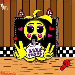 animatronic black_eyes breasts cum cumshot drawn five_nights_at_freddy's fnaf tongue toy toy_chica_(fnaf)