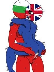 1boy 1girls balls blue_body blue_skin breachka bulgaria_(countyhumans) countryhumans countryhumans_girl cum cum_in_pussy cum_inside female heart heart-shaped_pupils male penetration penis penis_in_pussy pussy red_penis simple simple_background united_kingdom_(countryhumans) vaginal_penetration white_background