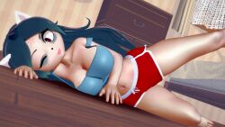 3d 3d_(artwork) big_breasts blue_hair blue_top blue_topwear breasts brown_eyes cat_ears claire_(the_summoning) feline fur furry koikatsu large_breasts long_hair looking_at_viewer navel papaoso red_shorts short_shorts shorts stretching stretching_legs the_summoning thighs tongue tongue_out topwear white_fur wide_hips wink winking winking_at_viewer