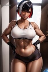 1girls ai_generated curvaceous curvy_body curvy_female dark-skinned_female dark_skin diffusionlad female female_focus female_only gym_shorts gym_uniform hi_res huge_breasts muscular_female seductive_look stable_diffusion three_tone_hair undercolor_(hair) voluptuous voluptuous_female