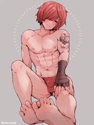 1boy arm_tattoo bandage_gloves bandaged_hands bandages black_bandages bulge bulge_through_clothing fate/grand_order fate_(series) feet feet_together femboy fundoshi fundoshi_only fuuma_kotarou_(fate) gloves hair_over_one_eye half-closed_eye hand_on_knee highres japanese_clothes kamenakake kamenakaoji looking_at_viewer male male_focus male_only muscular muscular_femboy nipples parted_bangs red_eyes red_fundoshi red_hair short_hair shoulder_tattoo simple_background smile solo solo_focus solo_male tattoo toes toned toned_male yaoi
