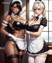 2girls ai_generated blonde_hair curvy_body curvy_female curvy_figure diffusionlad female female_focus female_only huge_breasts looking_at_viewer maid maid_uniform seductive_look stable_diffusion voluptuous voluptuous_female